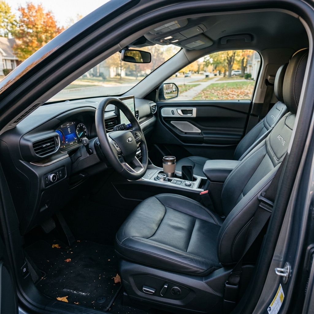 Interior view of a modern Ford Explorer showing black leather seats, dashboard, digital display, and center console. (Representative image for illustration purposes only. Actual vehicle may vary based on trim and configuration.)