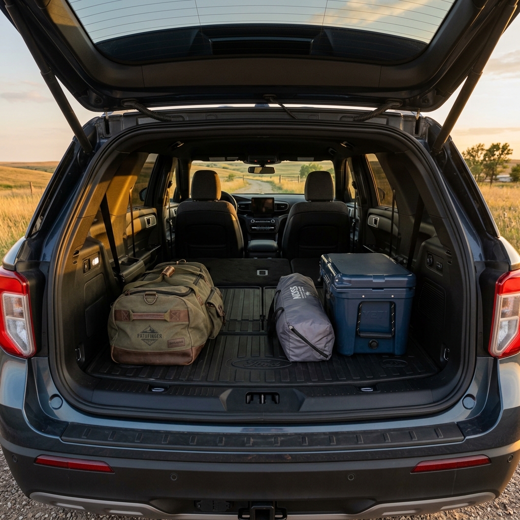 Open trunk of an SUV packed with a green duffel bag, grey gear pouch, and blue cooler on a country road at sunset. (Representative image for illustration purposes only. Actual vehicle may vary based on trim and configuration.)