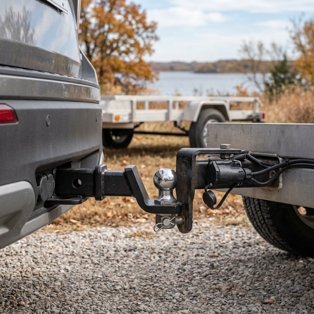 Rear trailer hitch mounted on a grey SUV aligned with a trailer coupler on a gravel driveway. (Representative image for illustration purposes only. Actual vehicle may vary based on trim and configuration.)