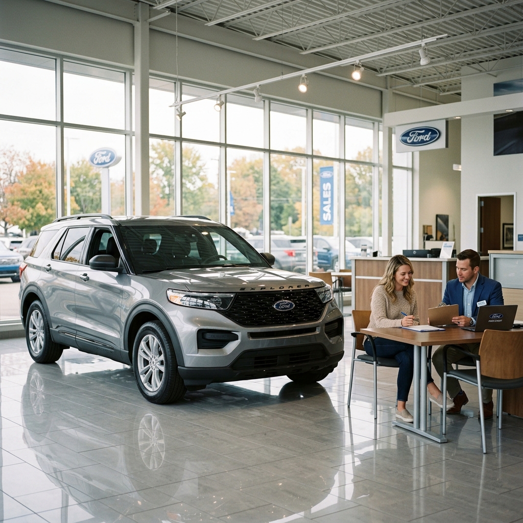 A woman discussing paperwork with a salesman at a table next to a new silver Ford Explorer in a bright showroom. (Representative image for illustration purposes only. Actual vehicle may vary based on trim and configuration.)