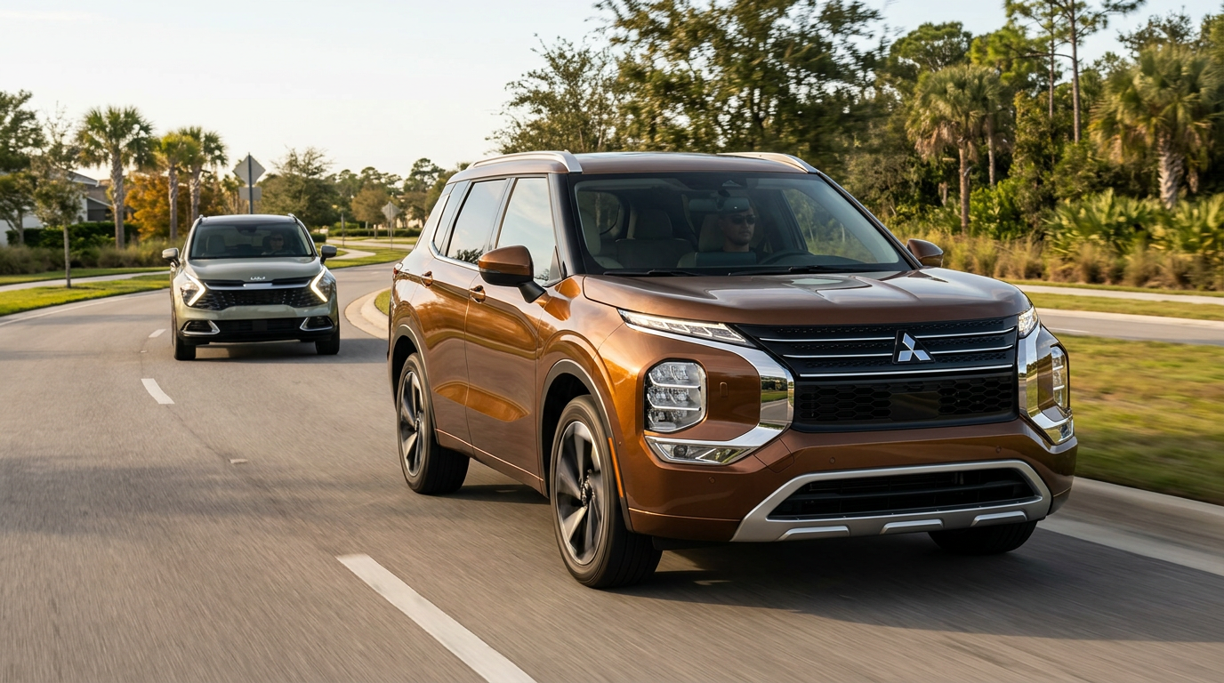 A bronze Mitsubishi Outlander SUV drives along a paved road with a green Kia Sportage following closely behind. (Representative image for illustration purposes only. Actual vehicle may vary based on trim and configuration.)