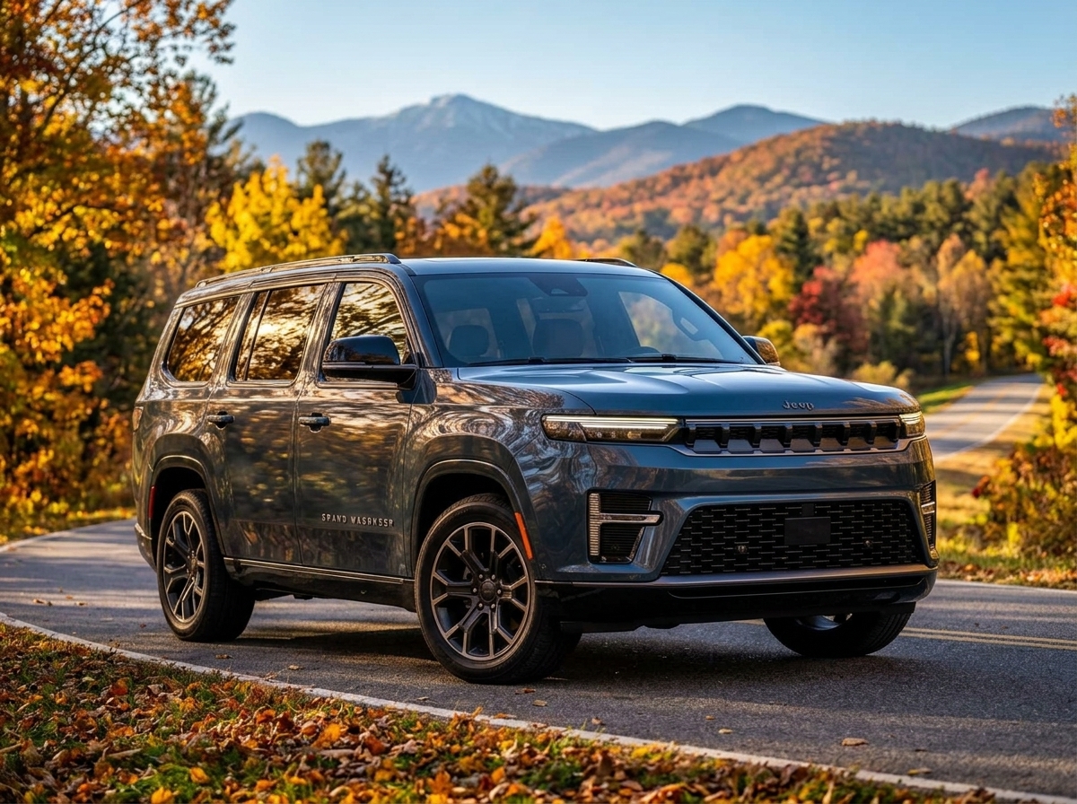 Dark blue Jeep SUV parked on a winding road surrounded by vibrant autumn trees and mountains. (Representative image for illustration purposes only. Actual vehicle may vary based on trim and configuration.)