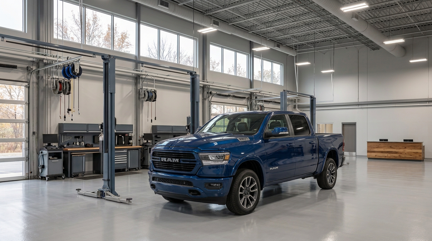 Blue Ram pickup truck parked inside a bright, modern auto repair service shop with vehicle lifts. (Representative image for illustration purposes only. Actual vehicle may vary based on trim and configuration.)