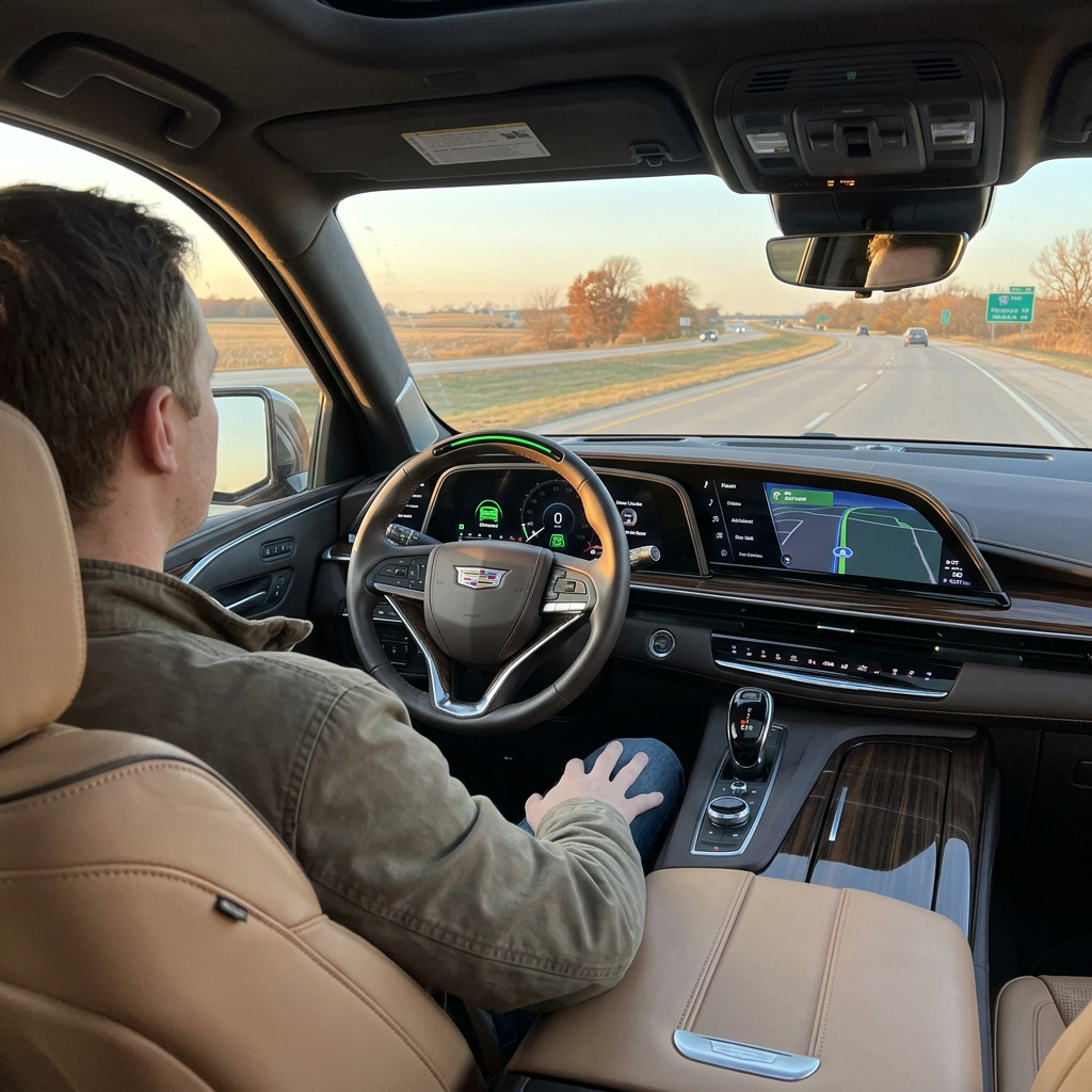 Driver inside a Cadillac using hands-free Super Cruise technology on a highway during golden hour. (Representative image for illustration purposes only. Actual vehicle may vary based on trim and configuration.)