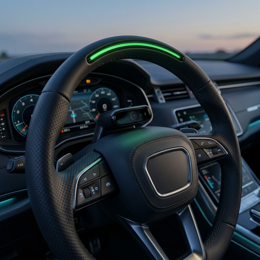 Modern car steering wheel equipped with a green LED light strip and a driver monitoring camera. (Representative image for illustration purposes only. Actual vehicle may vary based on trim and configuration.)