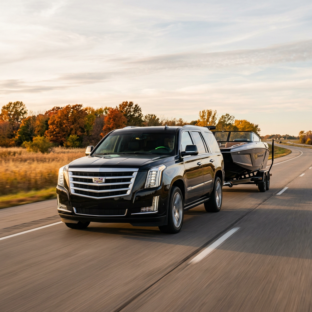 A black Cadillac Escalade towing a motorboat on a trailer along a rural highway at sunset. (Representative image for illustration purposes only. Actual vehicle may vary based on trim and configuration.)