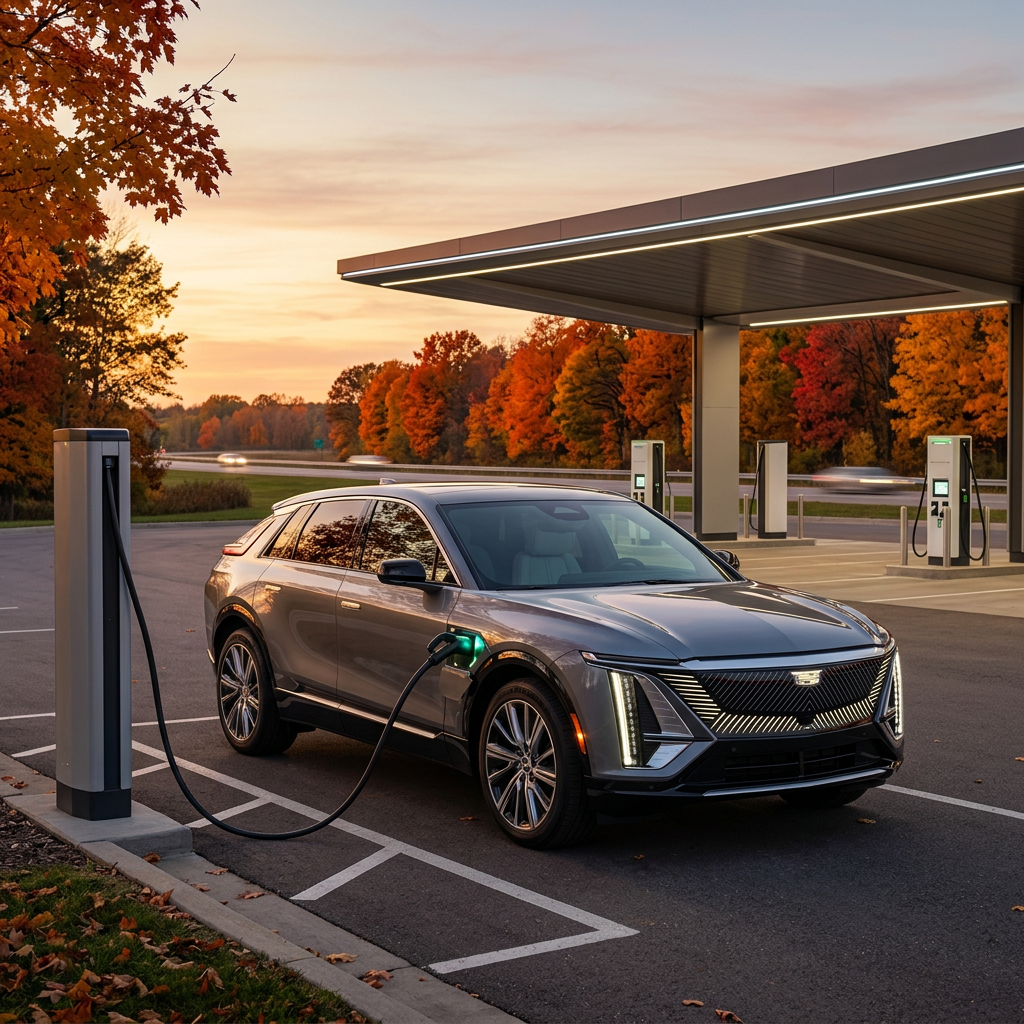 A silver Cadillac Lyriq electric vehicle plugged into a charger at an outdoor station surrounded by autumn trees. (Representative image for illustration purposes only. Actual vehicle may vary based on trim and configuration.)