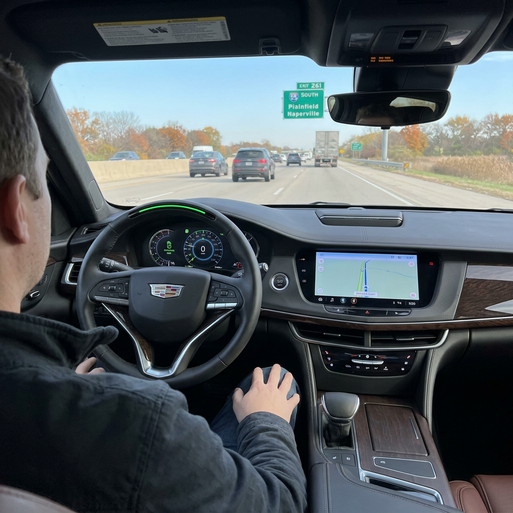 Driver resting hands on lap while using Cadillac Super Cruise hands-free driving technology on a highway. (Representative image for illustration purposes only. Actual vehicle may vary based on trim and configuration.)