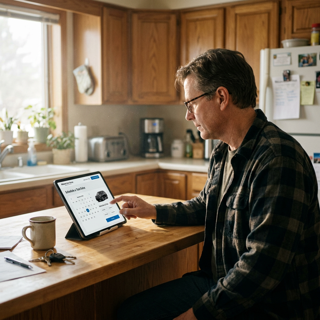 Man with glasses sitting at a wooden kitchen island using a tablet to schedule a car test drive. (Representative image for illustration purposes only. Actual vehicle may vary based on trim and configuration.)