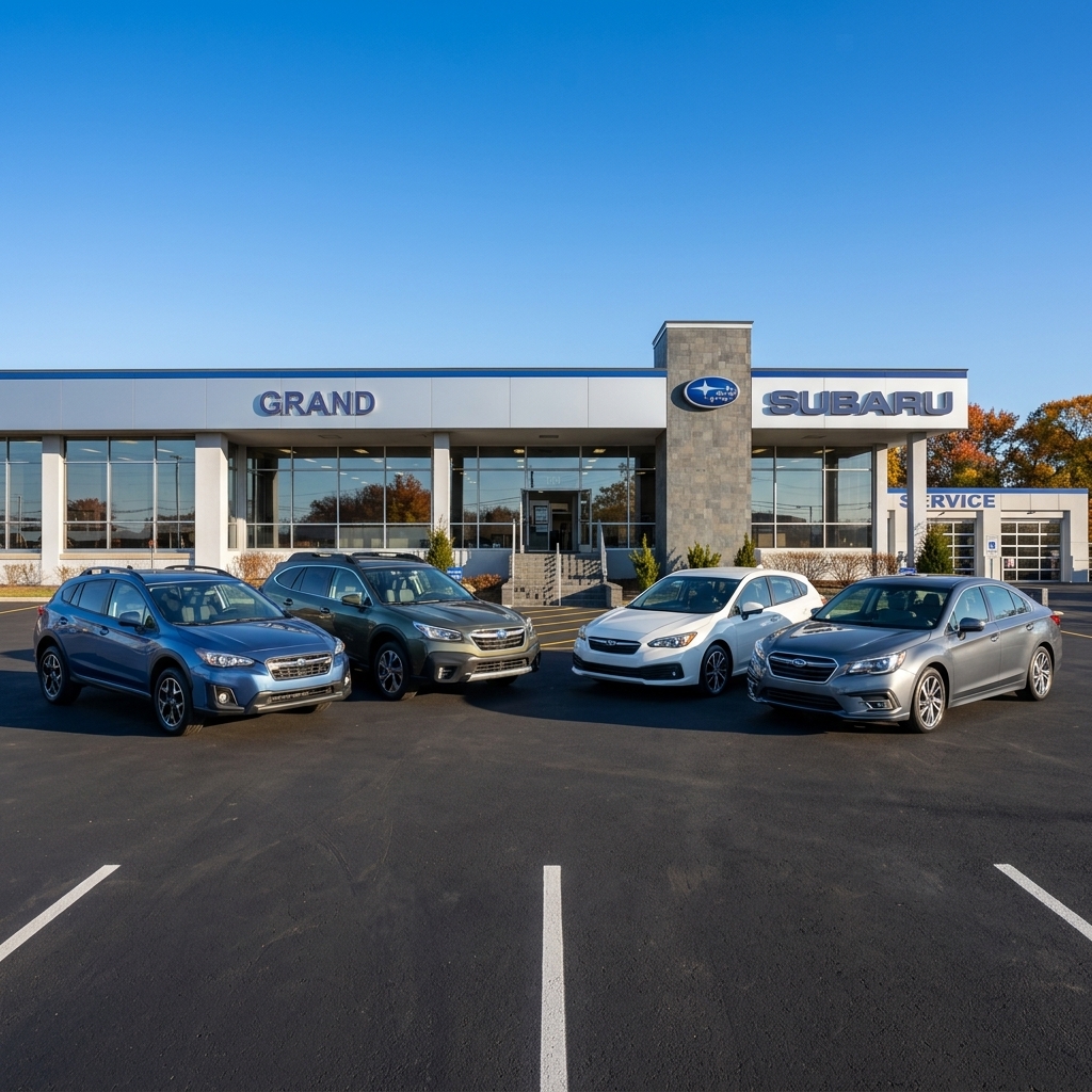Four Subaru vehicles parked in front of a modern Grand Subaru dealership under a clear blue sky. (Representative image for illustration purposes only. Actual vehicle may vary based on trim and configuration.)