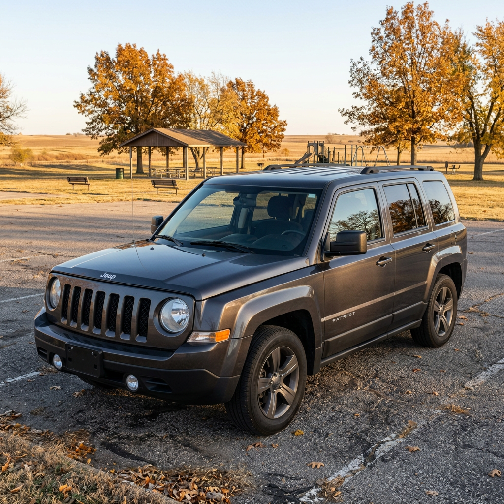 Dark metallic gray Jeep Patriot SUV parked in a parking lot during autumn with golden trees in the background. (Representative image for illustration purposes only. Actual vehicle may vary based on trim and configuration.)