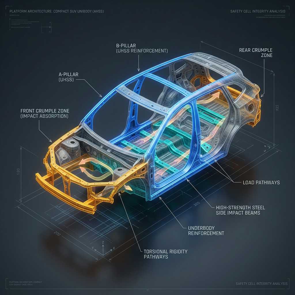 3D technical blueprint showing a compact SUV unibody chassis with labeled safety and structural components. (Representative image for illustration purposes only. Actual vehicle may vary based on trim and configuration.)