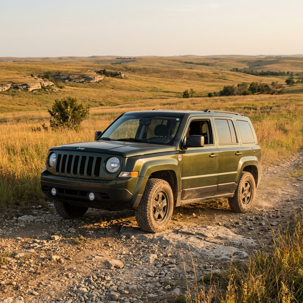 Green Jeep Patriot driving on a rocky dirt trail through rolling golden hills at sunset. (Representative image for illustration purposes only. Actual vehicle may vary based on trim and configuration.)