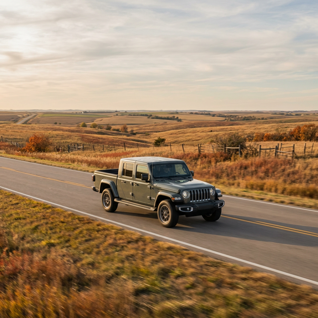 Dark green Jeep Gladiator pickup truck driving on a scenic two-lane road through rolling golden countryside. (Representative image for illustration purposes only. Actual vehicle may vary based on trim and configuration.)