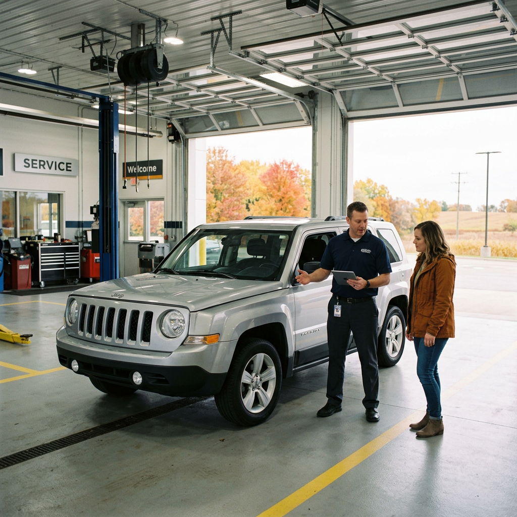 An auto service advisor holding a tablet talks with a female customer next to a silver Jeep inside a garage bay. (Representative image for illustration purposes only. Actual vehicle may vary based on trim and configuration.)