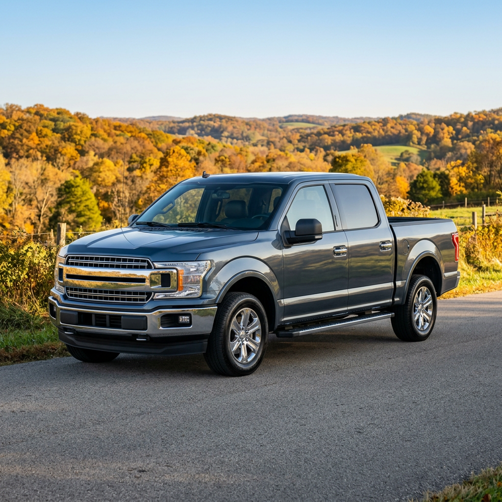 Grey pickup truck parked on a paved country road with colorful autumn foliage on rolling hills behind it. (Representative image for illustration purposes only. Actual vehicle may vary based on trim and configuration.)