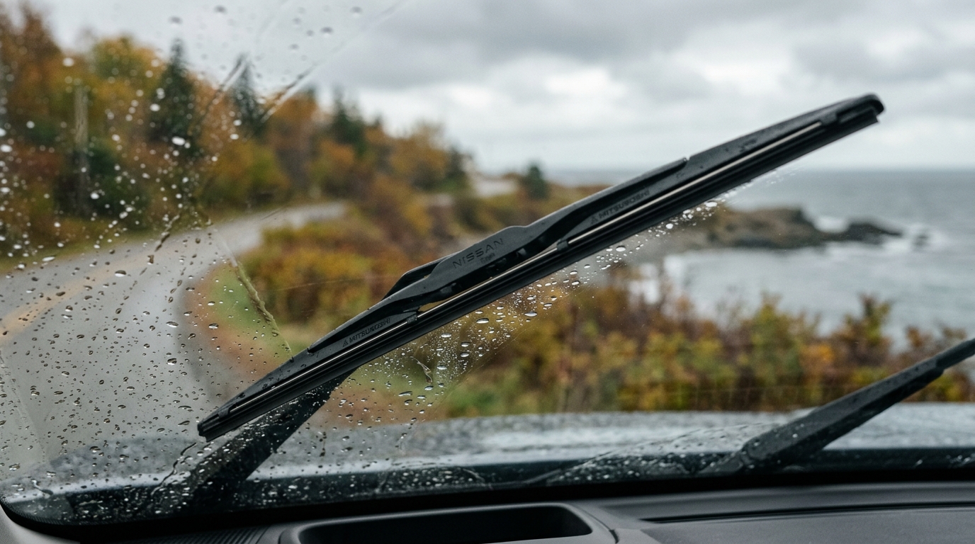 View through a rainy car windshield with a windshield wiper, overlooking a scenic coastal road in autumn. (Representative image for illustration purposes only. Actual vehicle may vary based on trim and configuration.)