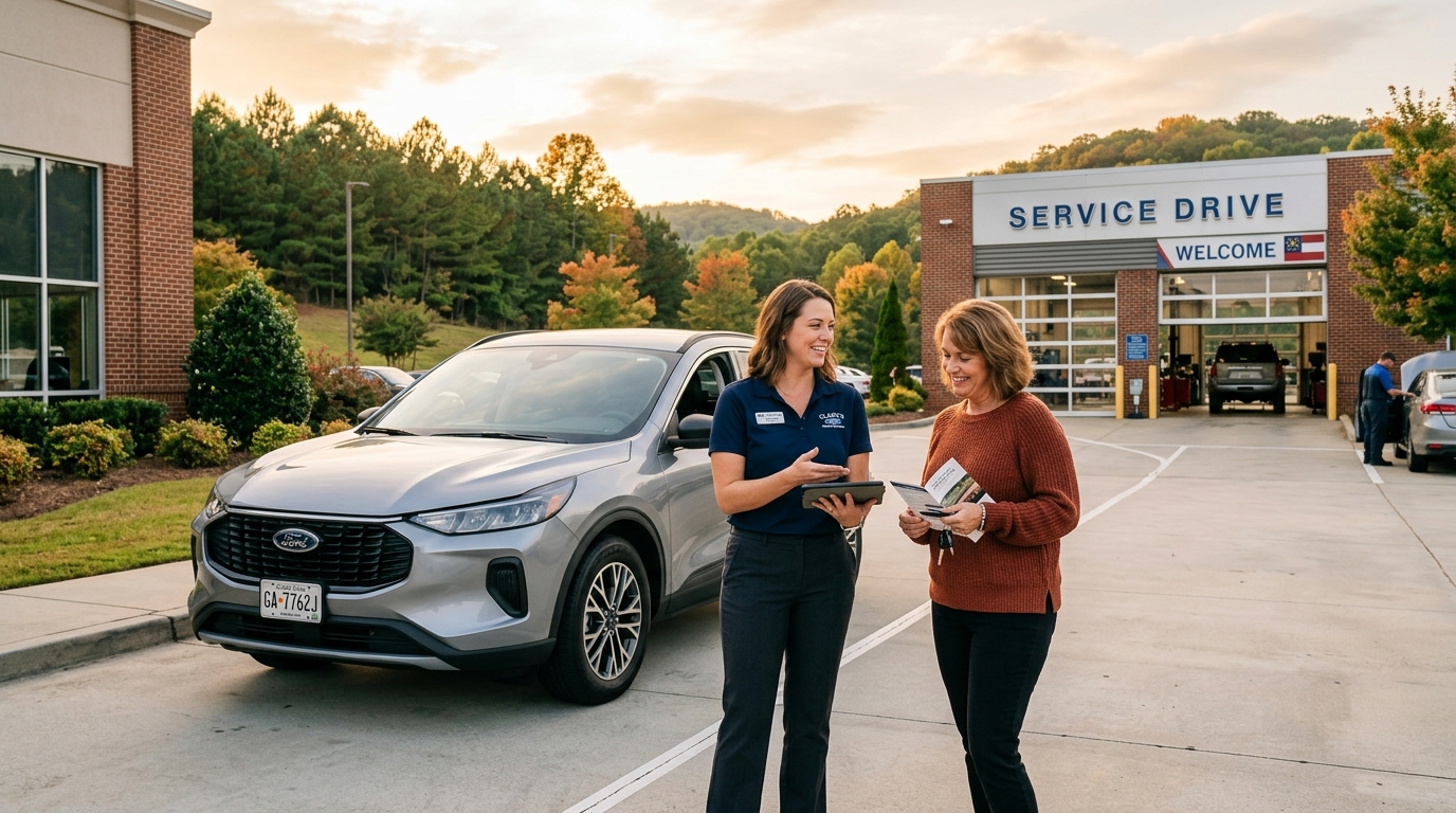 A service advisor holding a tablet assists a customer next to a silver Ford SUV outside a service drive building. (Representative image for illustration purposes only. Actual vehicle may vary based on trim and configuration.)