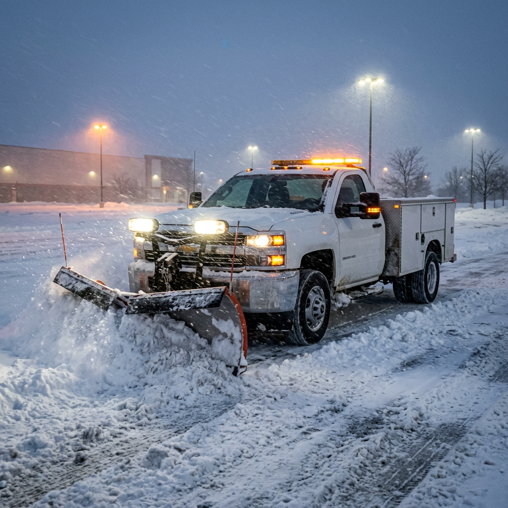 A white snowplow truck pushes deep snow across a parking lot during an evening snowstorm. (Representative image for illustration purposes only. Actual vehicle may vary based on trim and configuration.)