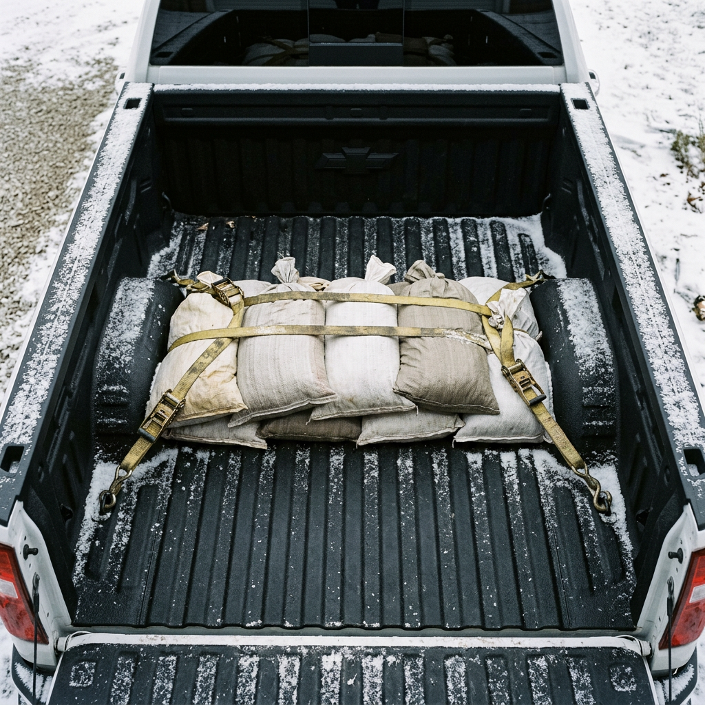 Burlap sandbags strapped down over the rear axle inside a pickup truck bed dusted with snow. (Representative image for illustration purposes only. Actual vehicle may vary based on trim and configuration.)