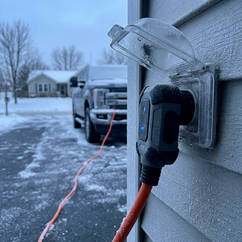 Heavy-duty extension cord with blue LED lights plugged into an outdoor outlet, running to a truck in a snowy driveway. (Representative image for illustration purposes only. Actual vehicle may vary based on trim and configuration.)