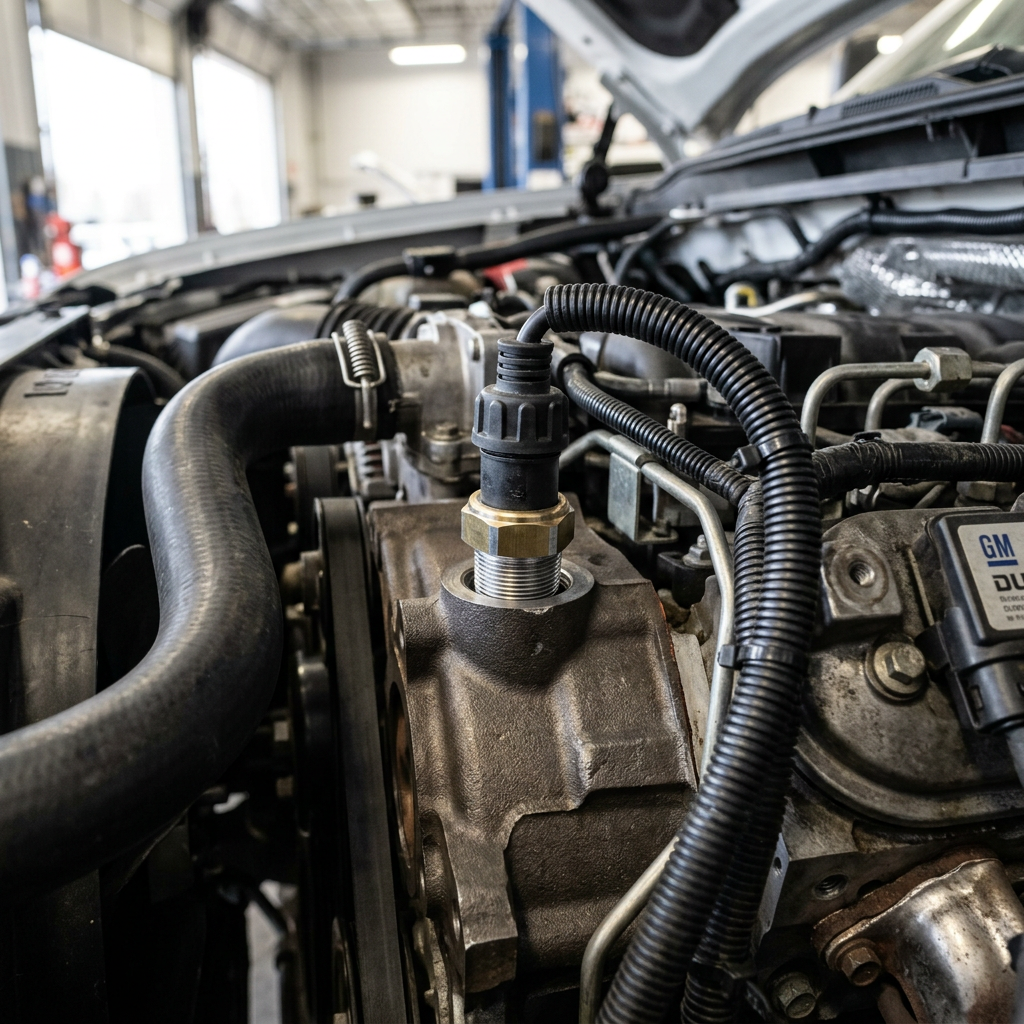 Detailed view of an engine sensor installed with a brass fitting inside a vehicle engine bay. (Representative image for illustration purposes only. Actual vehicle may vary based on trim and configuration.)