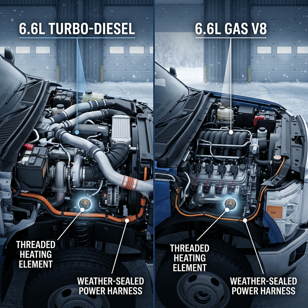 Side-by-side diagram comparing engine block heater components for a 6.6L Turbo-Diesel and a 6.6L Gas V8 truck. (Representative image for illustration purposes only. Actual vehicle may vary based on trim and configuration.)