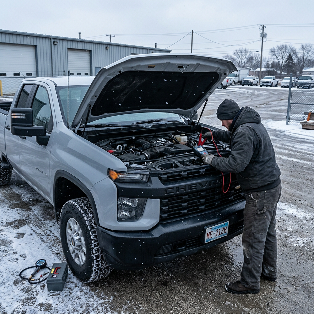A mechanic uses a diagnostic tool under the open hood of a light gray Chevrolet pickup truck on a snowy day. (Representative image for illustration purposes only. Actual vehicle may vary based on trim and configuration.)
