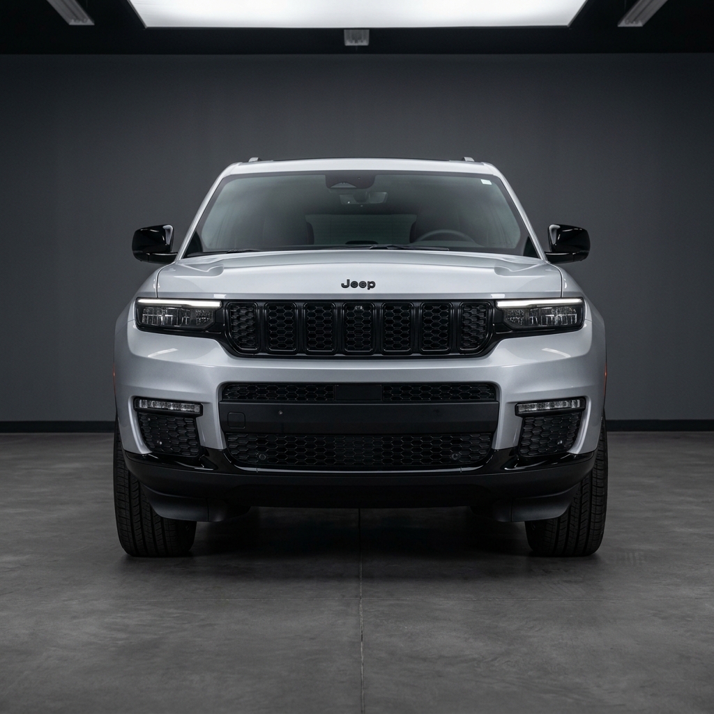 Front view of a silver Jeep Grand Cherokee SUV parked in a dark studio setting with headlights illuminated. (Representative image for illustration purposes only. Actual vehicle may vary based on trim and configuration.)