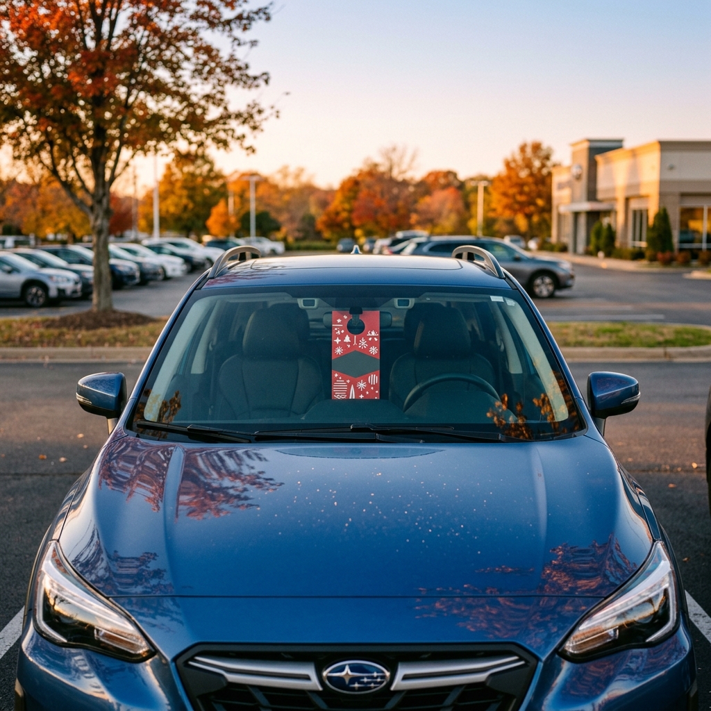 Front view of a blue Subaru car with a red holiday tag hanging from the rearview mirror in an autumn parking lot. (Representative image for illustration purposes only. Actual vehicle may vary based on trim and configuration.)