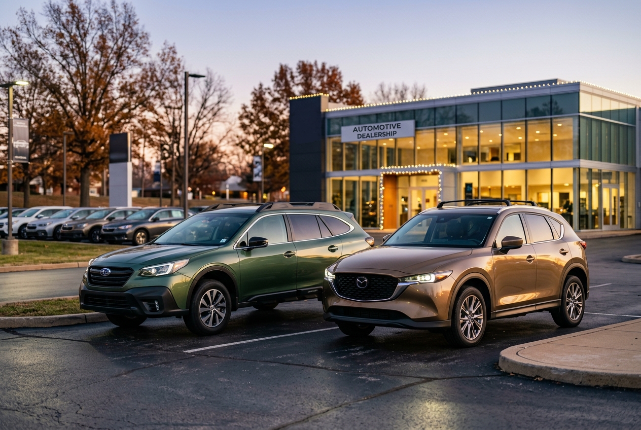 Green Subaru Outback and bronze Mazda CX-5 parked outside a brightly lit car dealership at dusk. (Representative image for illustration purposes only. Actual vehicle may vary based on trim and configuration.)