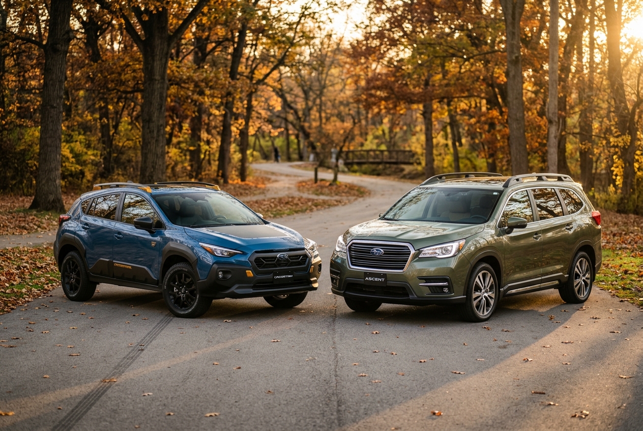 Blue Subaru Crosstrek Wilderness and green Subaru Ascent parked side-by-side on a paved road surrounded by autumn trees. (Representative image for illustration purposes only. Actual vehicle may vary based on trim and configuration.)