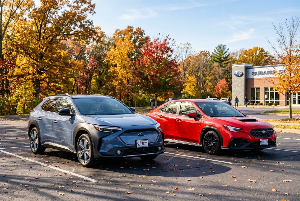 Blue Subaru Solterra EV and red Subaru WRX parked outside a dealership during autumn. (Representative image for illustration purposes only. Actual vehicle may vary based on trim and configuration.)