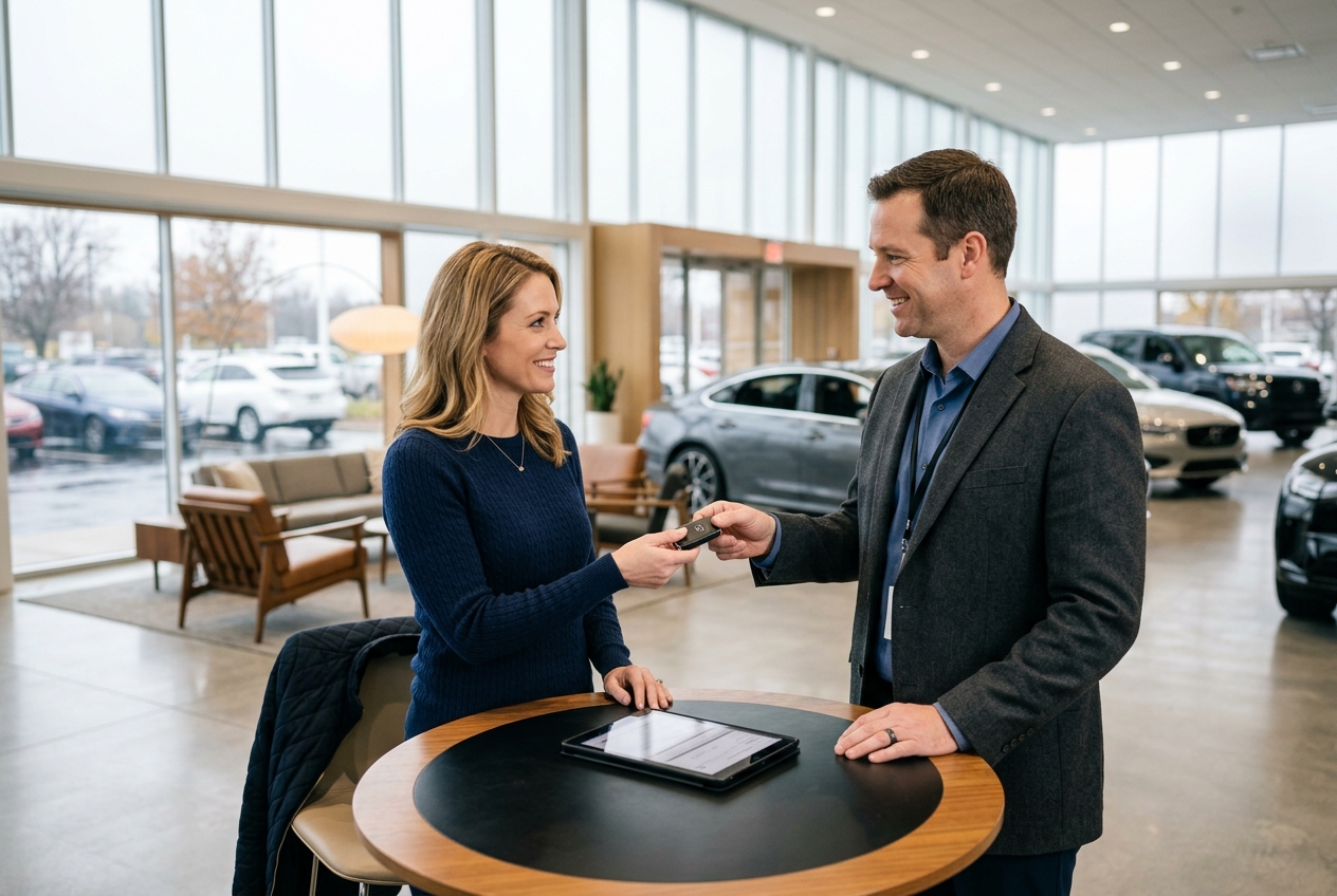 A female customer accepting a car key fob from a male dealership representative across a small standing table. (Representative image for illustration purposes only. Actual vehicle may vary based on trim and configuration.)