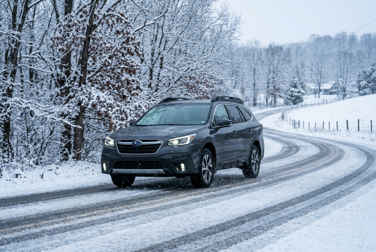 Dark gray Subaru Outback driving along a winding, snow-covered road through a winter forest landscape. (Representative image for illustration purposes only. Actual vehicle may vary based on trim and configuration.)