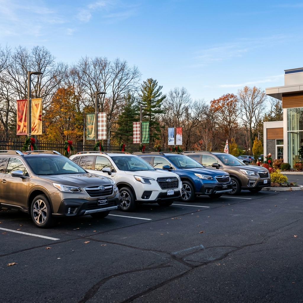Four new Subaru SUVs in different colors parked side-by-side in a car dealership lot under a clear blue sky. (Representative image for illustration purposes only. Actual vehicle may vary based on trim and configuration.)