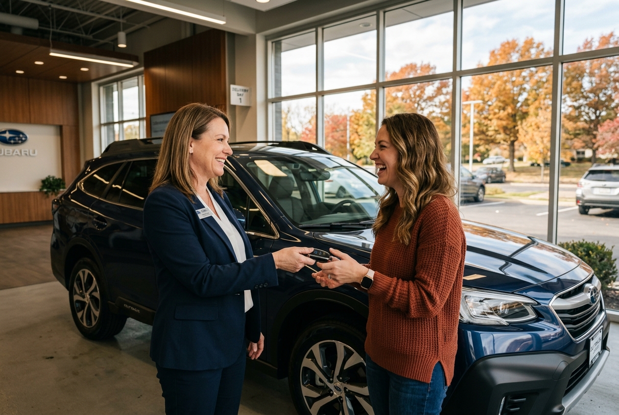 A car dealership salesperson hands a key fob to a smiling customer in front of a blue Subaru vehicle. (Representative image for illustration purposes only. Actual vehicle may vary based on trim and configuration.)