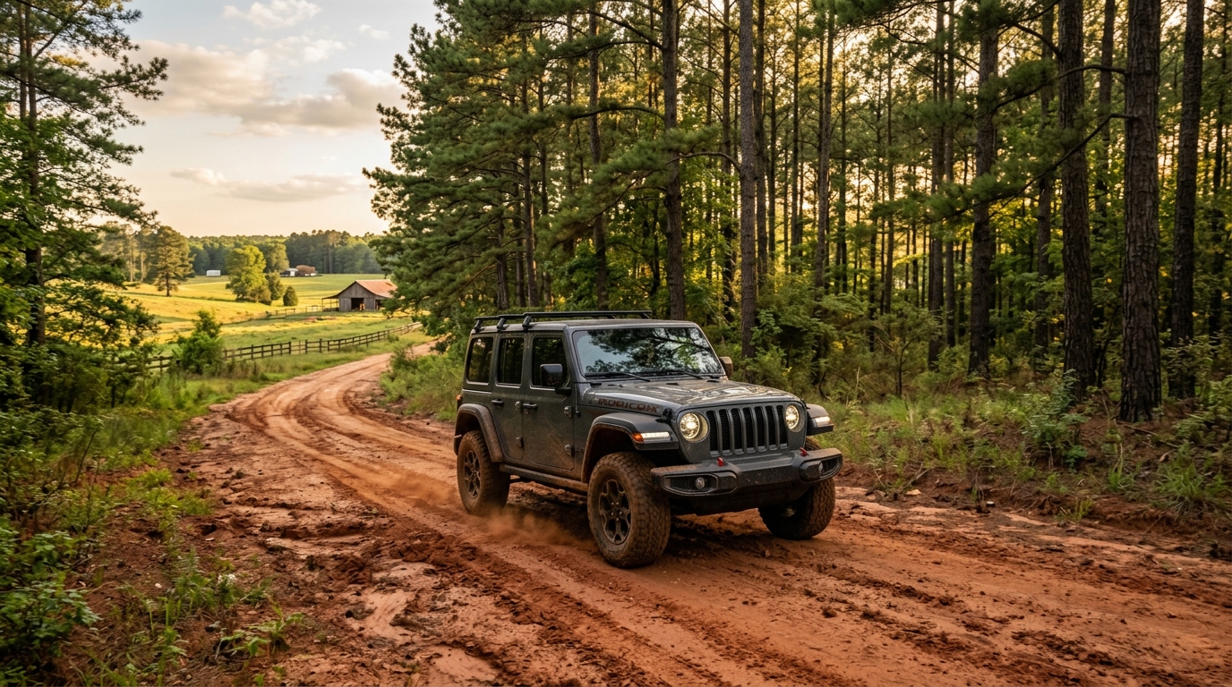 A dark grey Jeep Wrangler driving on a muddy red dirt road next to a pine forest with rolling farm fields nearby. (Representative image for illustration purposes only. Actual vehicle may vary based on trim and configuration.)