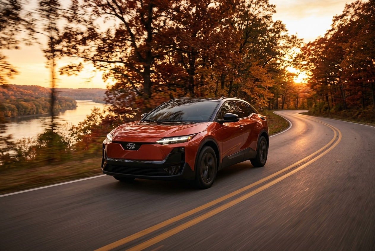 An orange Subaru Solterra electric SUV driving along a winding road surrounded by autumn foliage at sunset. (Representative image for illustration purposes only. Actual vehicle may vary based on trim and configuration.)