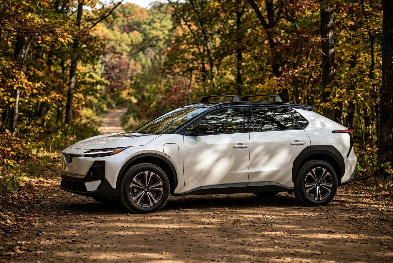 Side profile of a white electric SUV with roof racks parked on a dirt path in a colorful autumn forest. (Representative image for illustration purposes only. Actual vehicle may vary based on trim and configuration.)