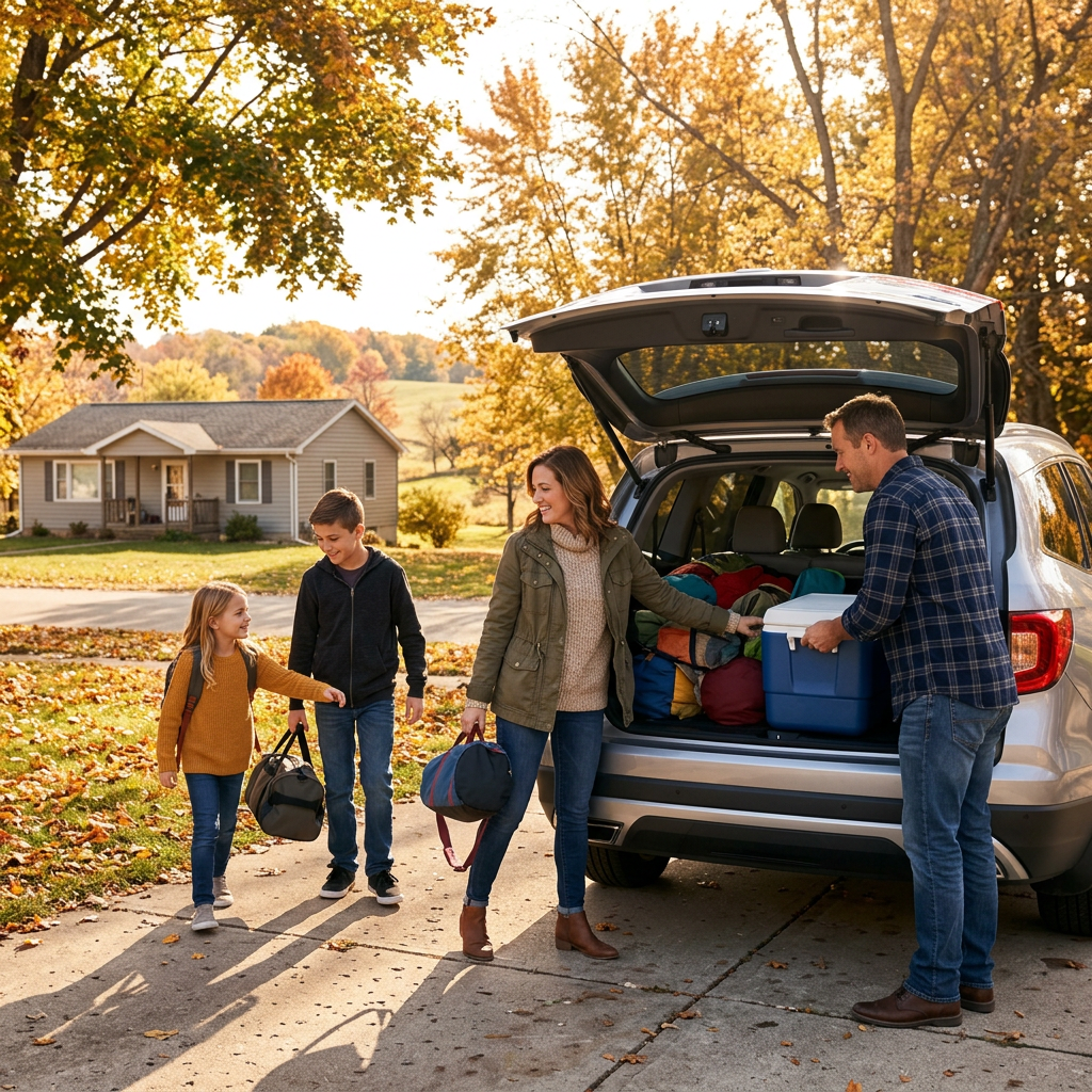 A family of four packs sleeping bags and a cooler into the trunk of a silver SUV on a sunny autumn day. (Representative image for illustration purposes only. Actual vehicle may vary based on trim and configuration.)