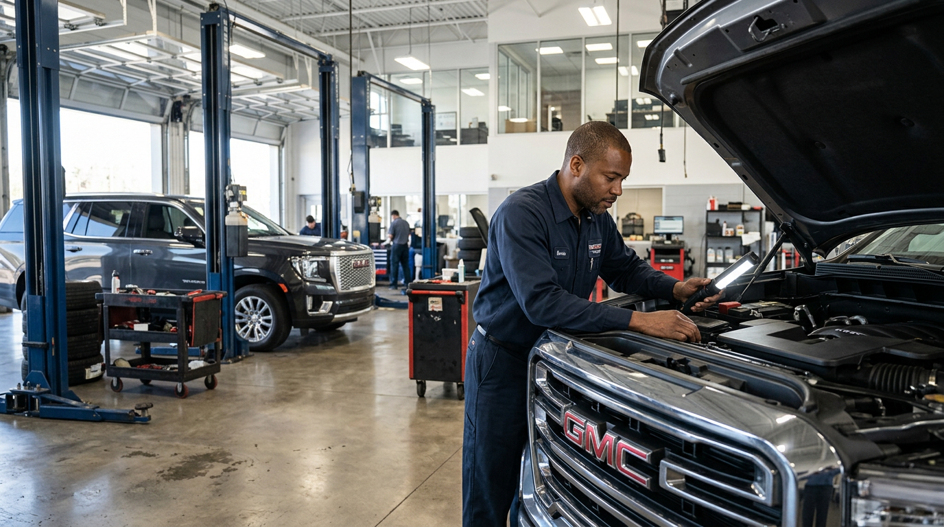 Auto mechanic using an inspection light under the open hood of a GMC vehicle in a service garage. (Representative image for illustration purposes only. Actual vehicle may vary based on trim and configuration.)