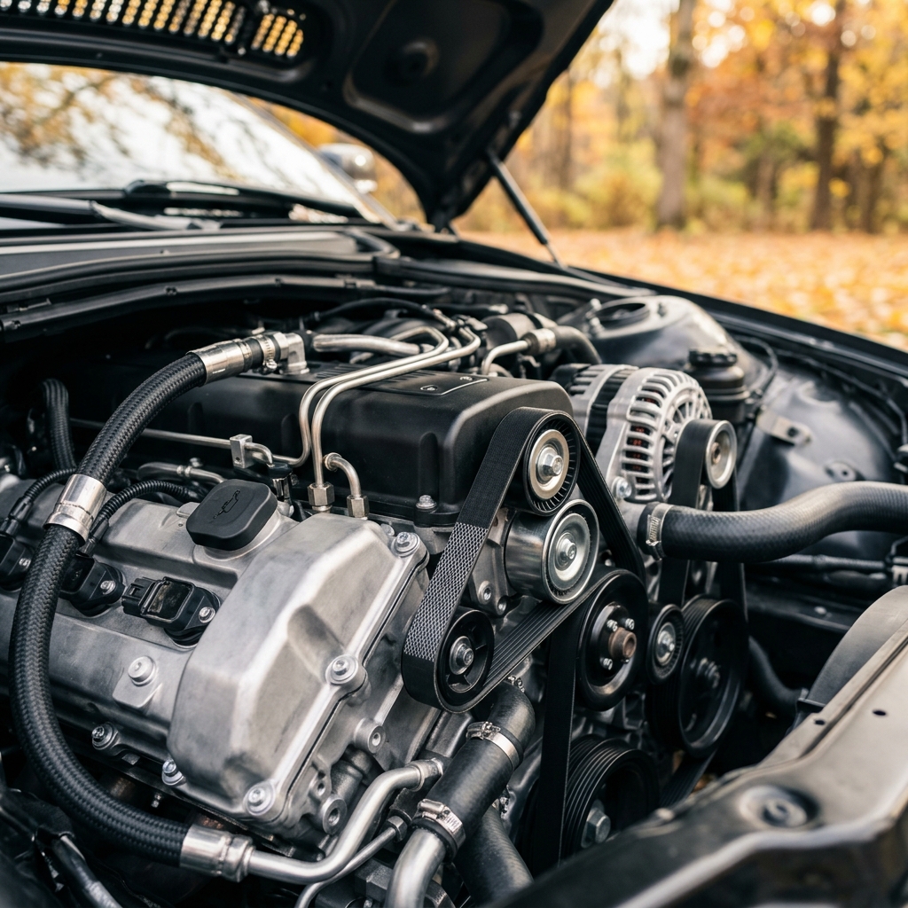 Detailed view of a clean car engine bay with belts, pulleys, and alternator, set against a blurred autumn background. (Representative image for illustration purposes only. Actual vehicle may vary based on trim and configuration.)