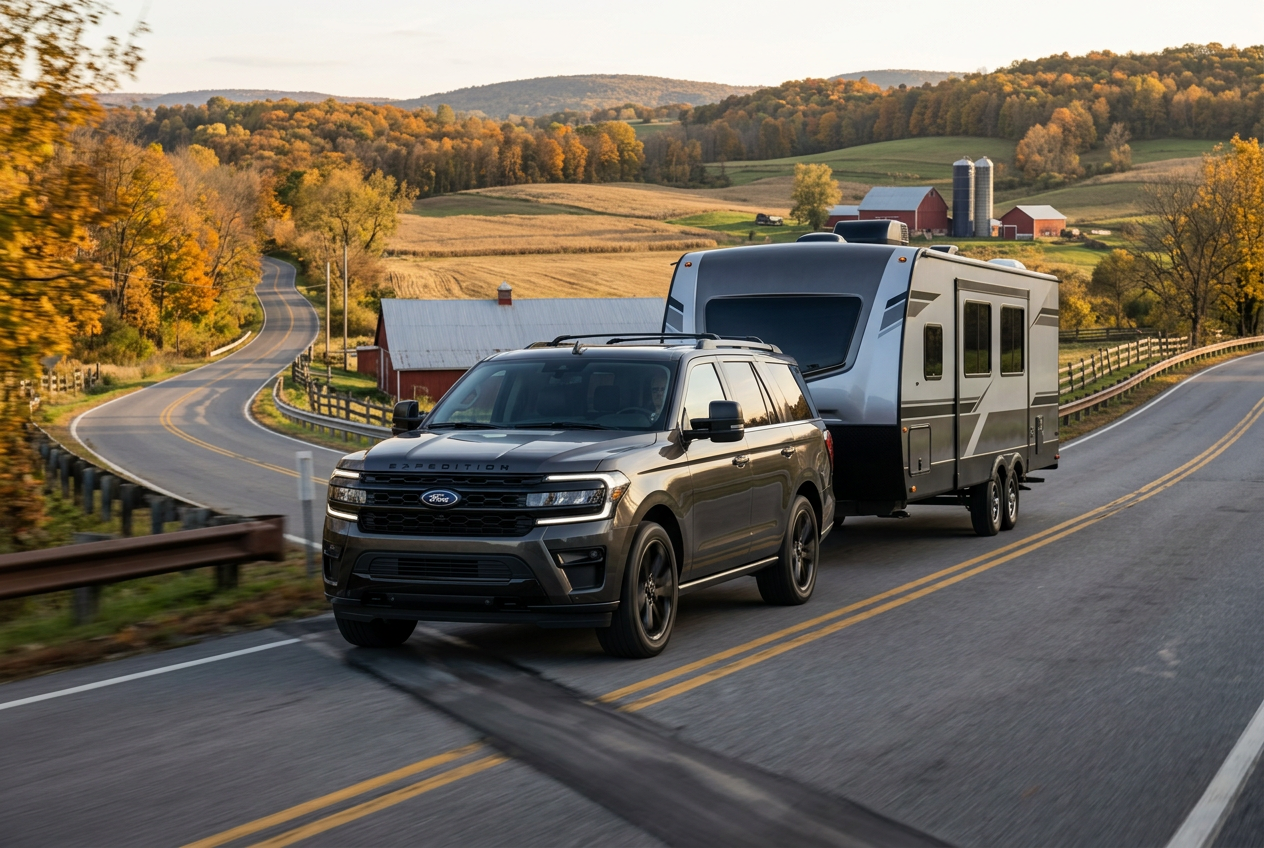 Ford Expedition towing a travel trailer on a scenic rural road in Pennsylvania. Representative illustration.