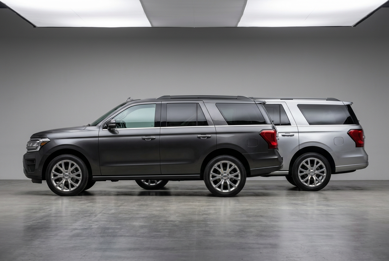 Comparison of standard Ford Expedition and extended Ford Expedition MAX models. Representative illustration.