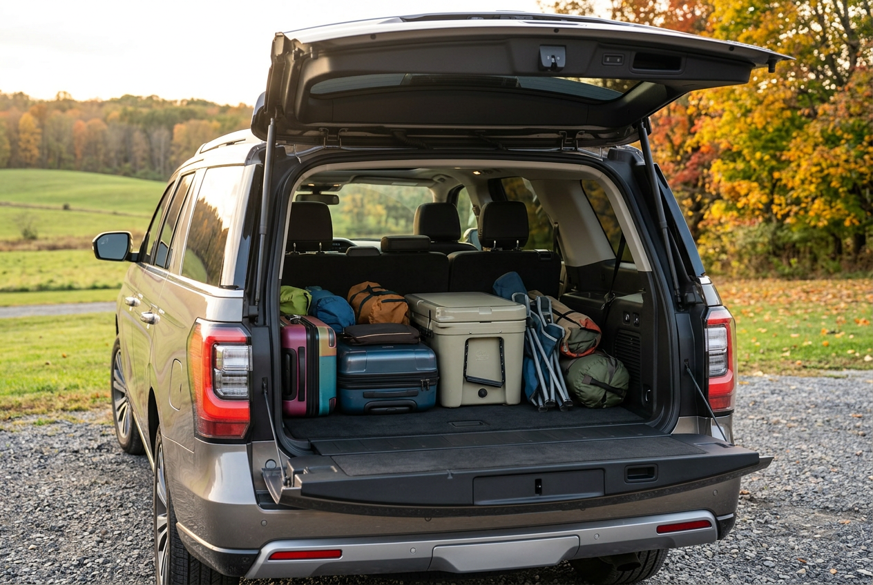 SUV cargo area with luggage and camping equipment. Representative illustration.