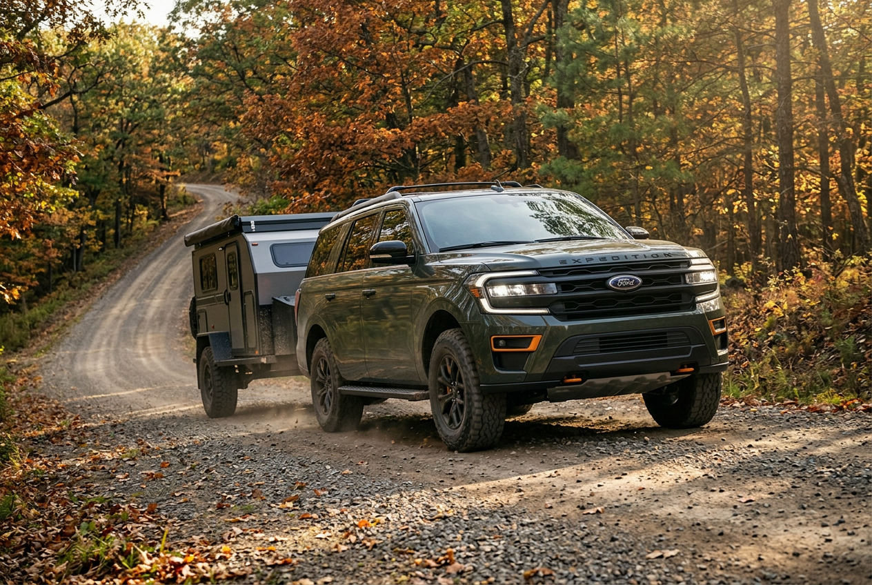 Ford Expedition towing an off-road camping trailer on a forest road. Representative illustration.