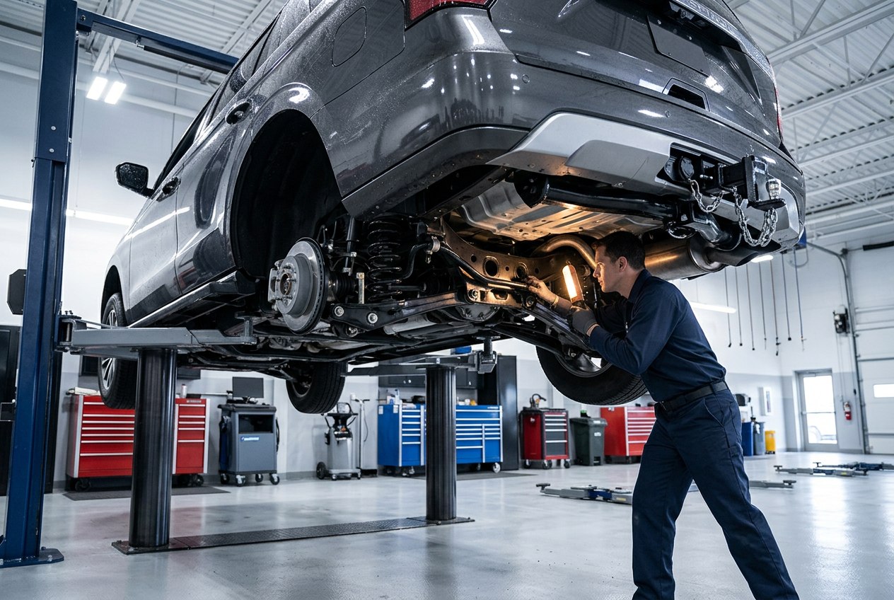 Professional automotive technician inspecting an SUV undercarriage. Representative illustration.