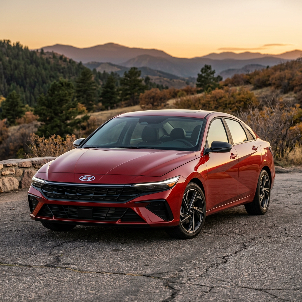 Red Hyundai Elantra parked on a paved road with scenic mountains in the background at sunset. (Representative image for illustration purposes only. Actual vehicle may vary based on trim and configuration.)