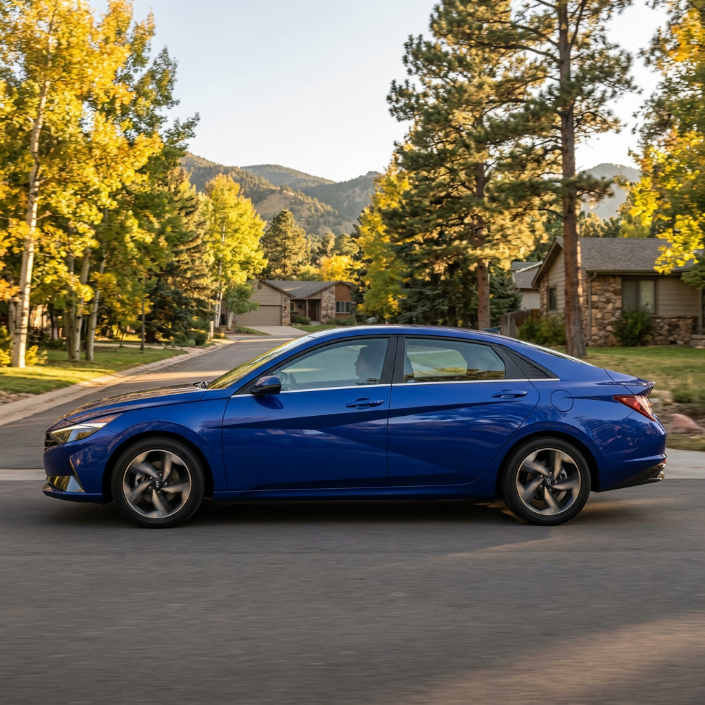 Blue modern sedan driving down a suburban street lined with golden autumn trees and mountain scenery. (Representative image for illustration purposes only. Actual vehicle may vary based on trim and configuration.)
